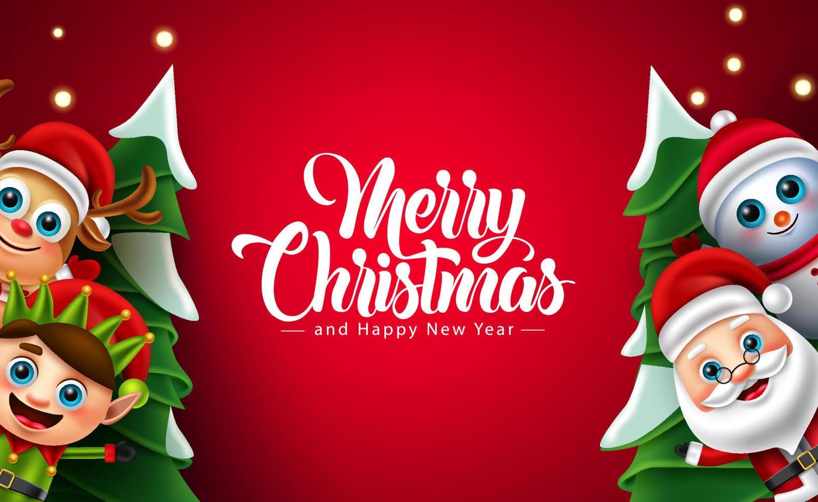 Christmas characters vector background design. Merry christmas text with santa claus, elf, reindeer and snow man xmas 3d character for holiday season decoration. Vector illustration.