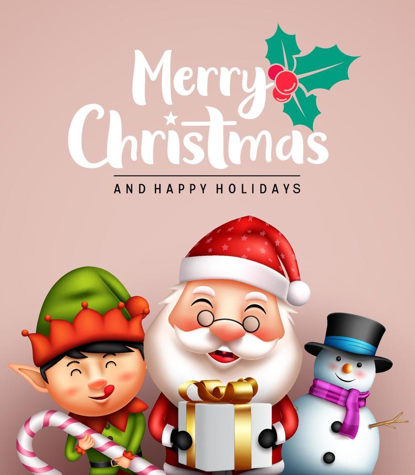 Christmas characters vector design. Merry christmas text with friendly santa claus, elf and snowman character holding gift for xmas season greeting card. Vector illustration.