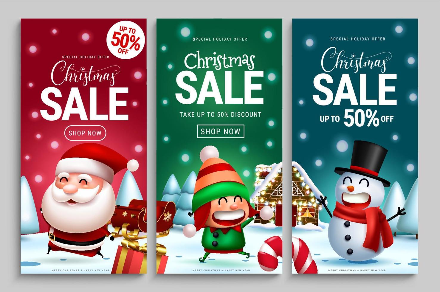 Conjunto de carteles de vector de venta de Navidad. texto de venta navideña con descuento de precio para anuncios publicitarios de promoción comercial y compras de temporada navideña. ilustración vectorial.