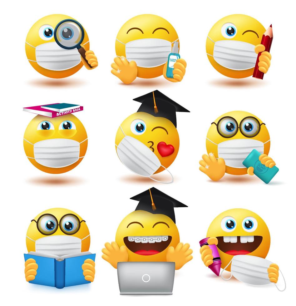 Emoji covid-19 students vector set. Emojis student characters wearing face mask and holding educational elements for school study with safety guidelines emoticon collection design. Vector illustration