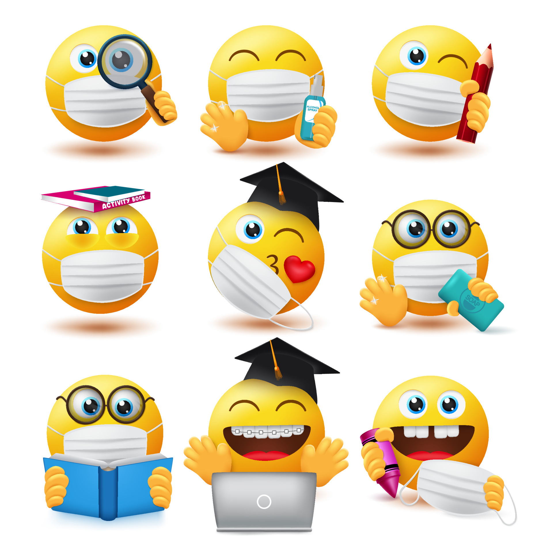 kjole talentfulde Mundtlig Emoji covid-19 students vector set. Emojis student characters wearing face  mask and holding educational elements for school study with safety  guidelines emoticon collection design. Vector illustration 4852532 Vector  Art at Vecteezy