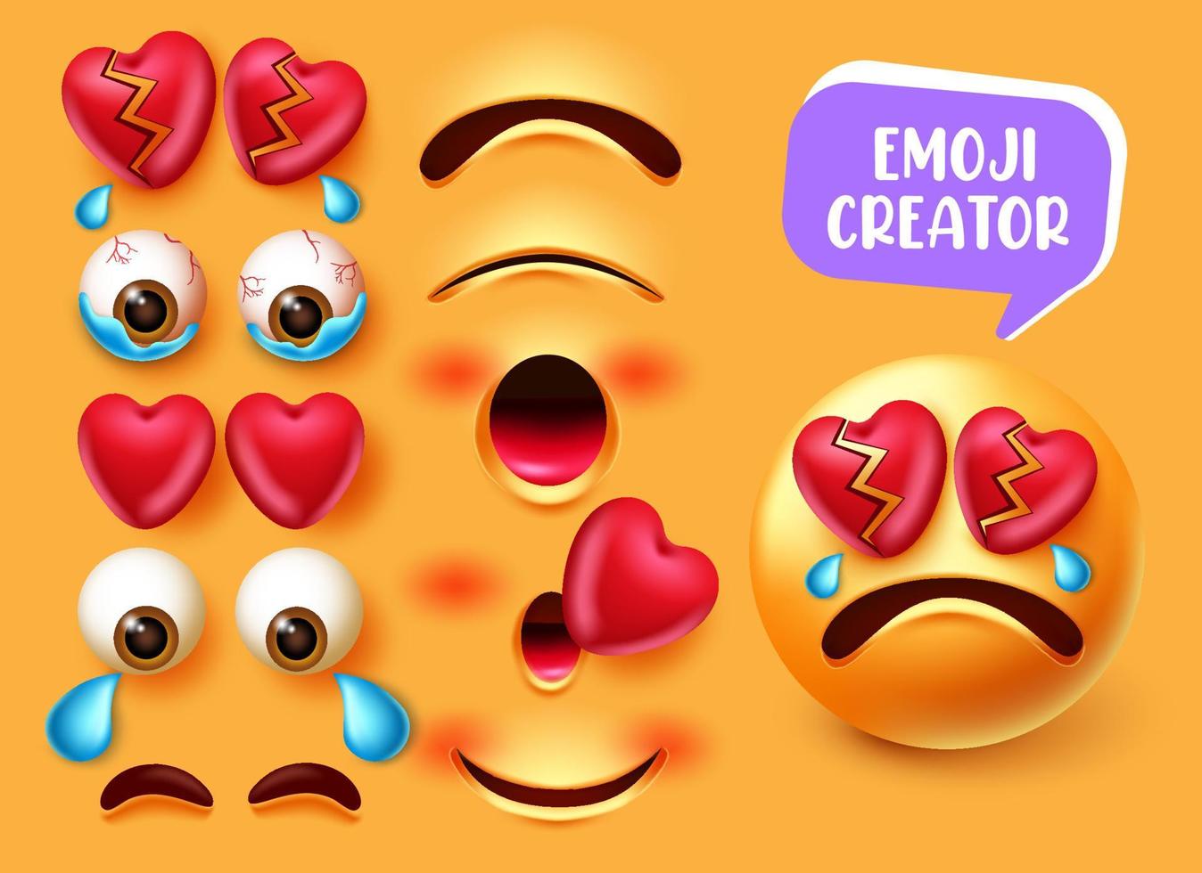 Emoji creator vector set design. Emojis 3d in crying and broken heart character with editable eyes and mouth face kit elements for creation emoticon facial expression. Vector illustration