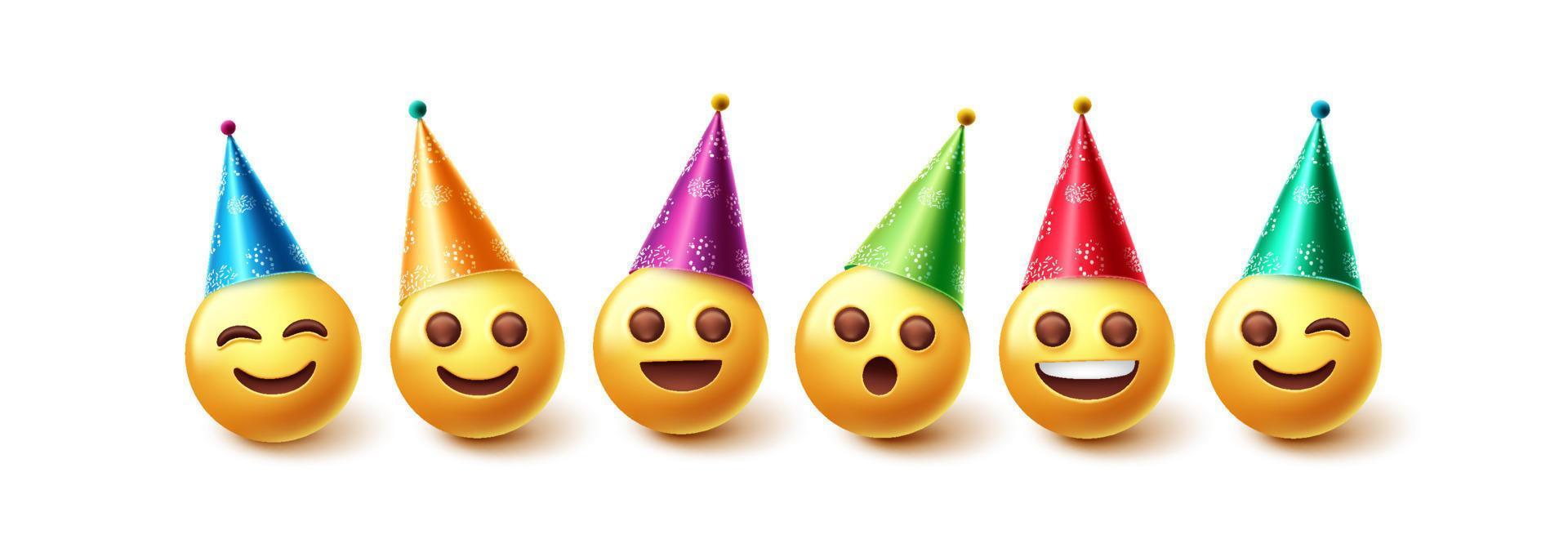 Emojis birthday characters vector set. Emoji in party hats birthday and event celebration with happy smile face expression for celebrant emoji character collection design. Vector illustration.