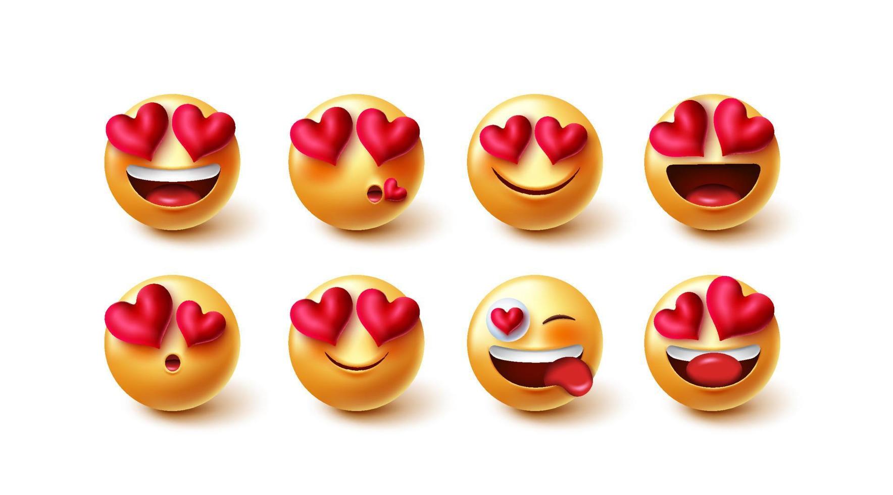 Emojis valentines lovely character vector set. Emoji characters inlove and happy facial expressions isolated in white background for cute valentine love hearts in yellow faces collection design.