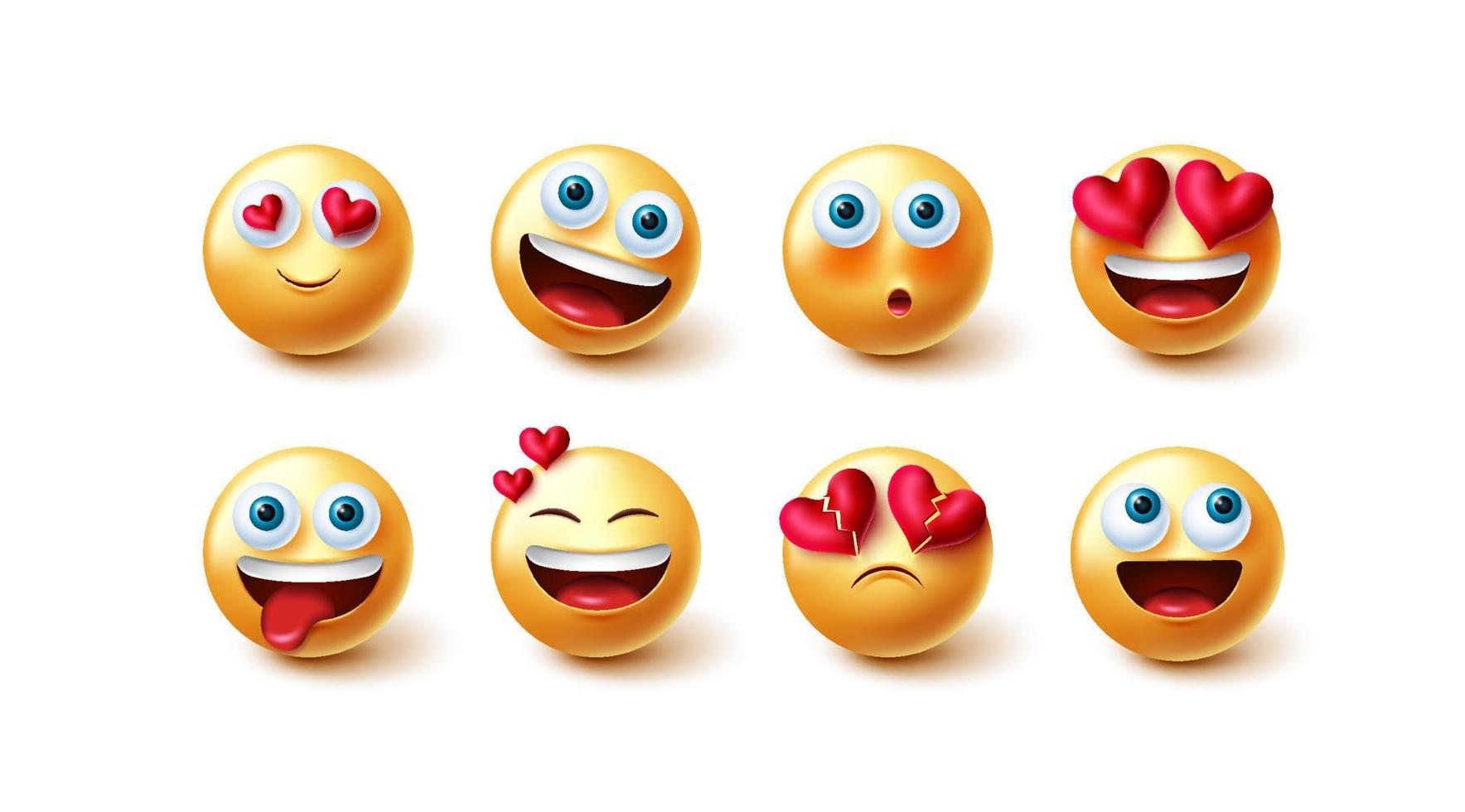 Emojis in love vector set. 3d love emoji characters with hearts element in smiling and blushing face expression for cute valentines emoticons graphic design collection. Vector illustration.