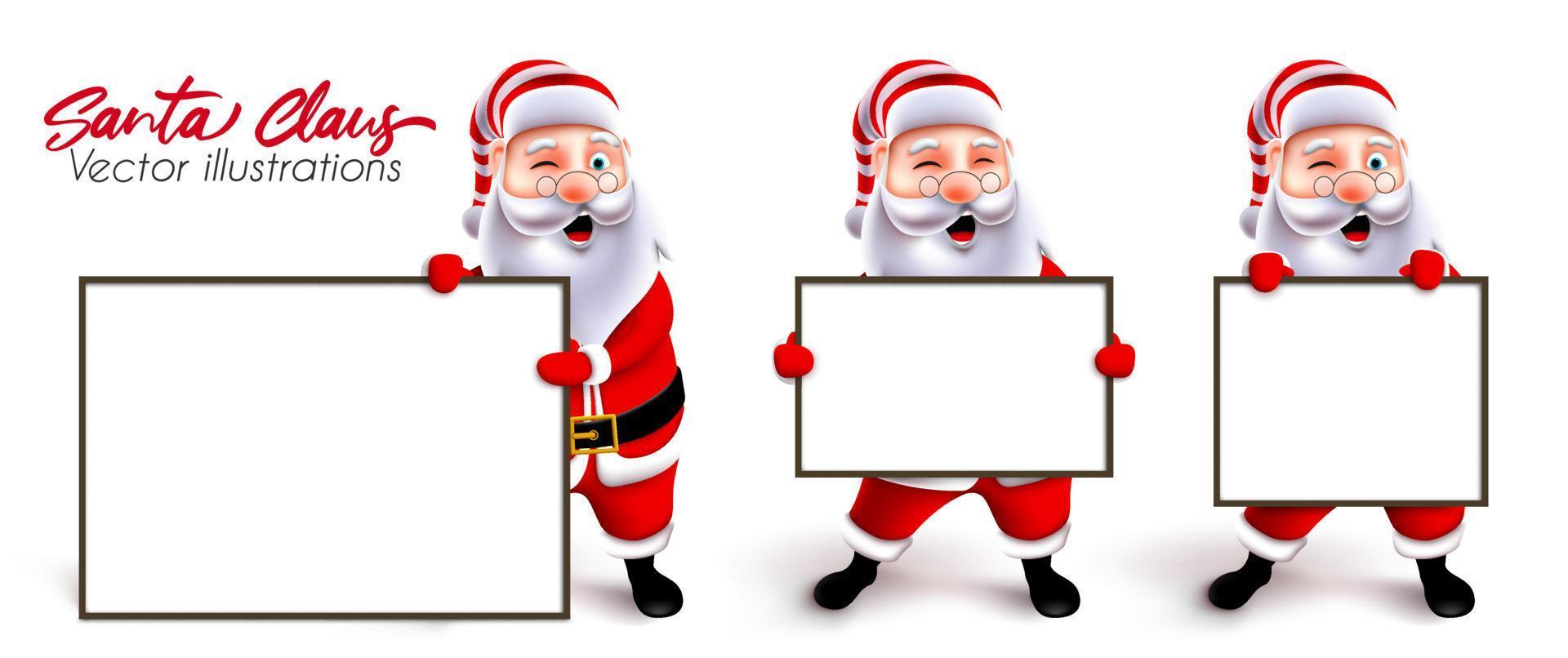 Santa claus presenting character vector set. Christmas santa 3d characters holding and showing empty white board element for xmas greeting presentation. Vector illustration.