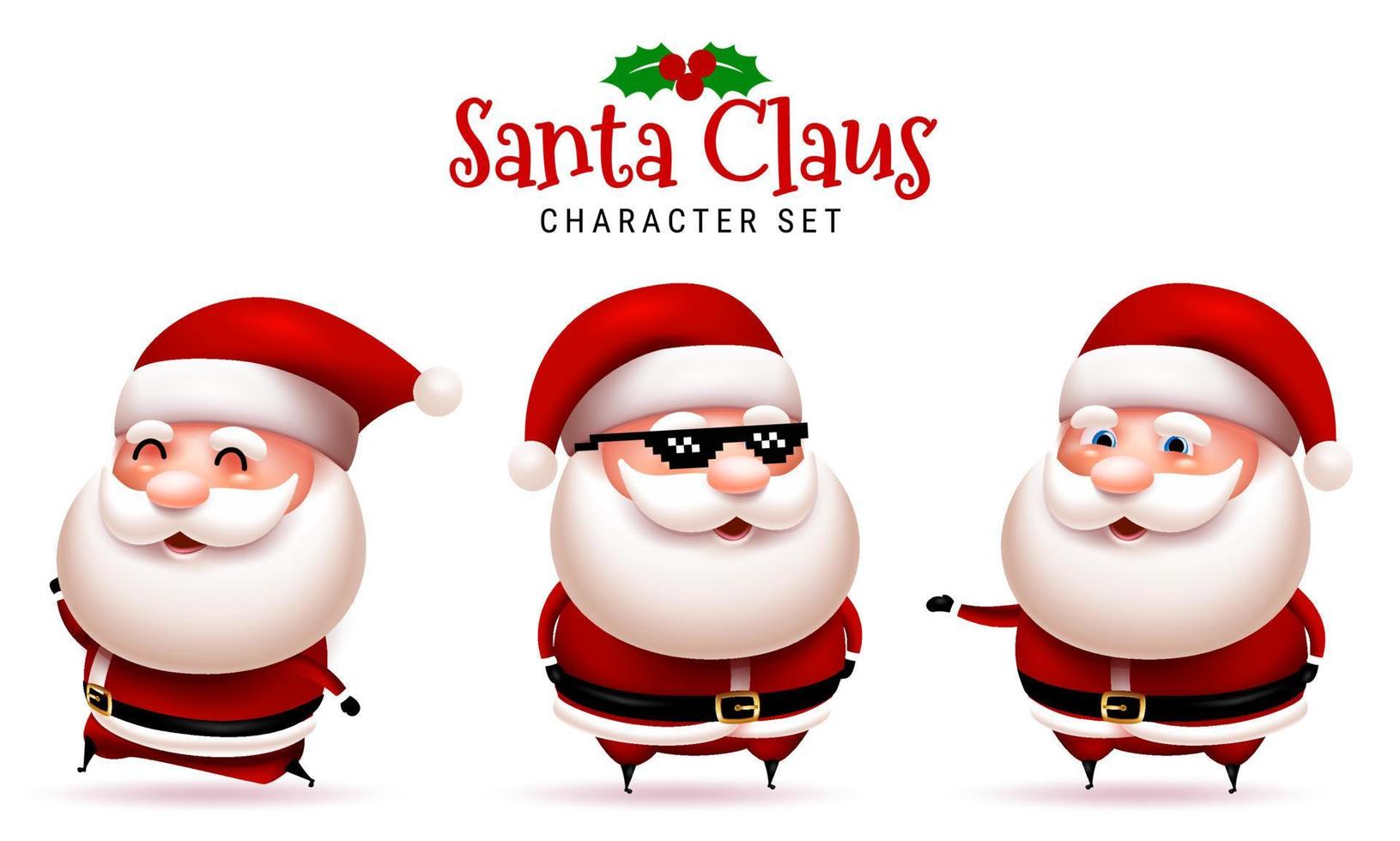 Santa claus christmas character vector set. Santa claus in 3d happy characters with running, standing and wearing pixel sunglasses gesture for xmas collection design. Vector illustration.