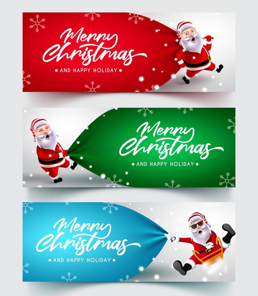 Santa claus christmas bag vector design set. Santa claus 3d characters holding and pulling big sack in jolly expression for xmas gift giving season collection. Vector illustration.