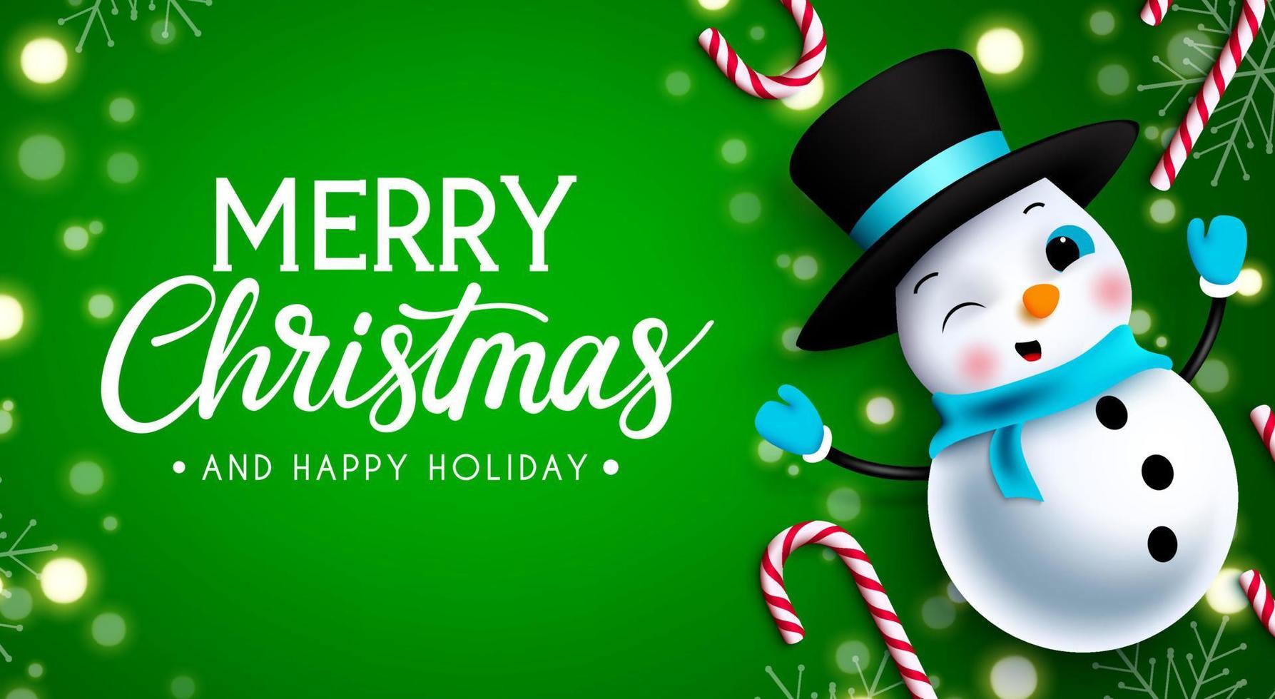 Christmas snowman vector design. Merry christmas greeting text with snow man character with friendly expression for xmas season card and decoration. Vector illustration.