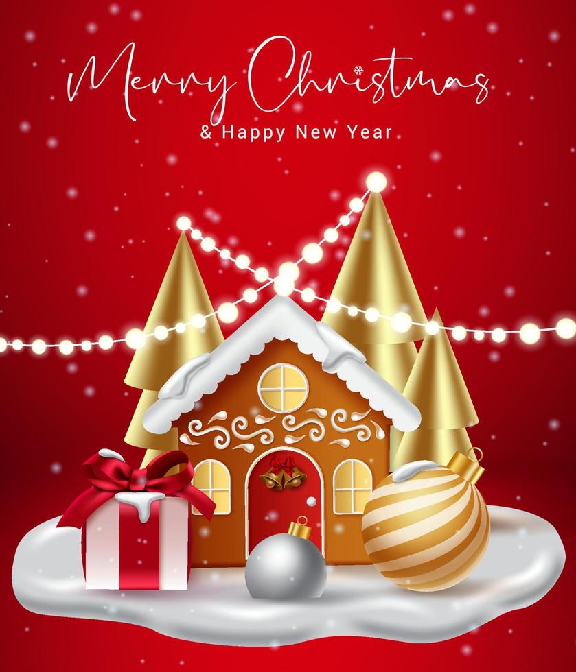 Merry christmas vector design. Merry christmas text with house, gift, balls and xmas tree decoration for holiday season celebration. Vector illustration