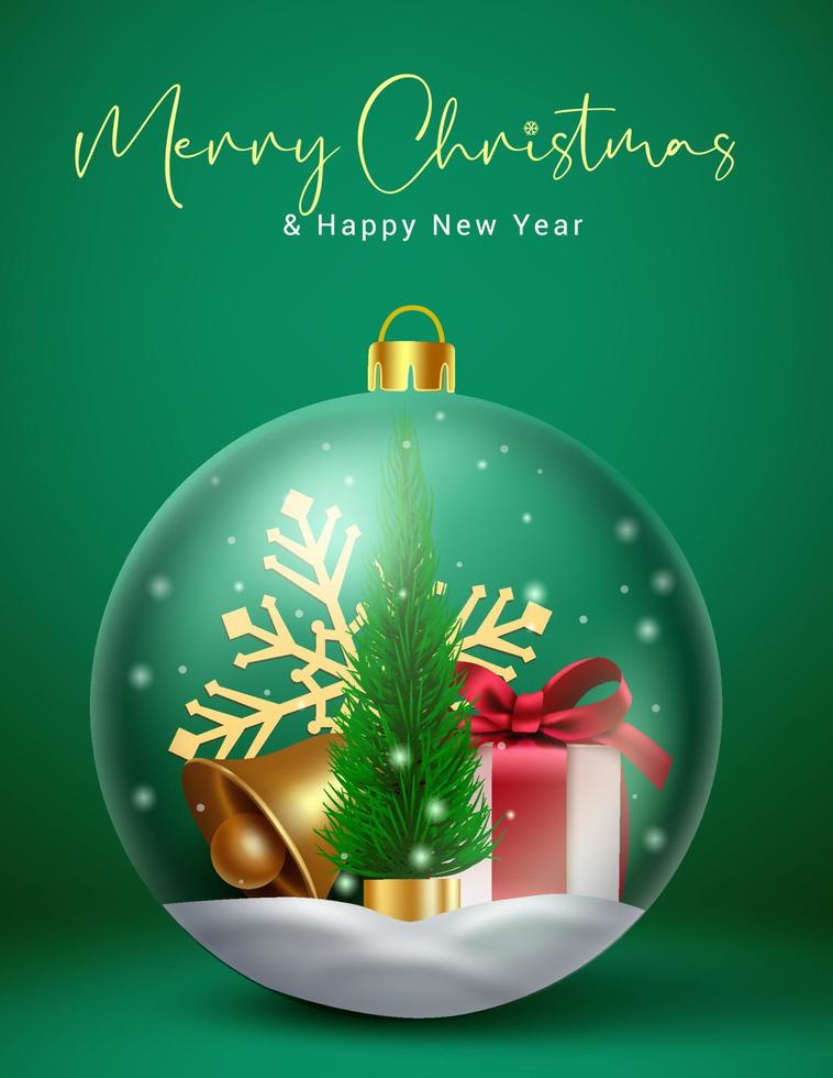 Christmas crystal ball vector concept design. Merry christmas text with 3d crystal ball, gift, bell and snowflakes element for xmas holiday season decoration. Vector illustration