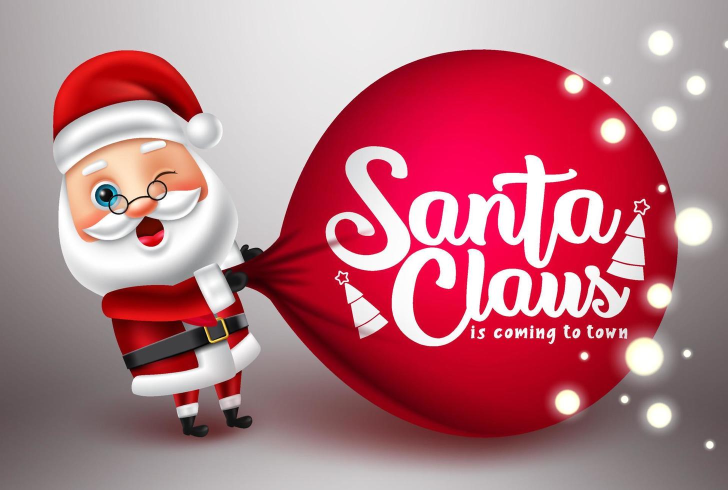 diseño de personajes de vector de santa claus. El personaje de santa de Navidad tirando de un elemento de bolsa de saco con santa claus viene al texto de la ciudad para el fondo de la temporada navideña. ilustración vectorial.