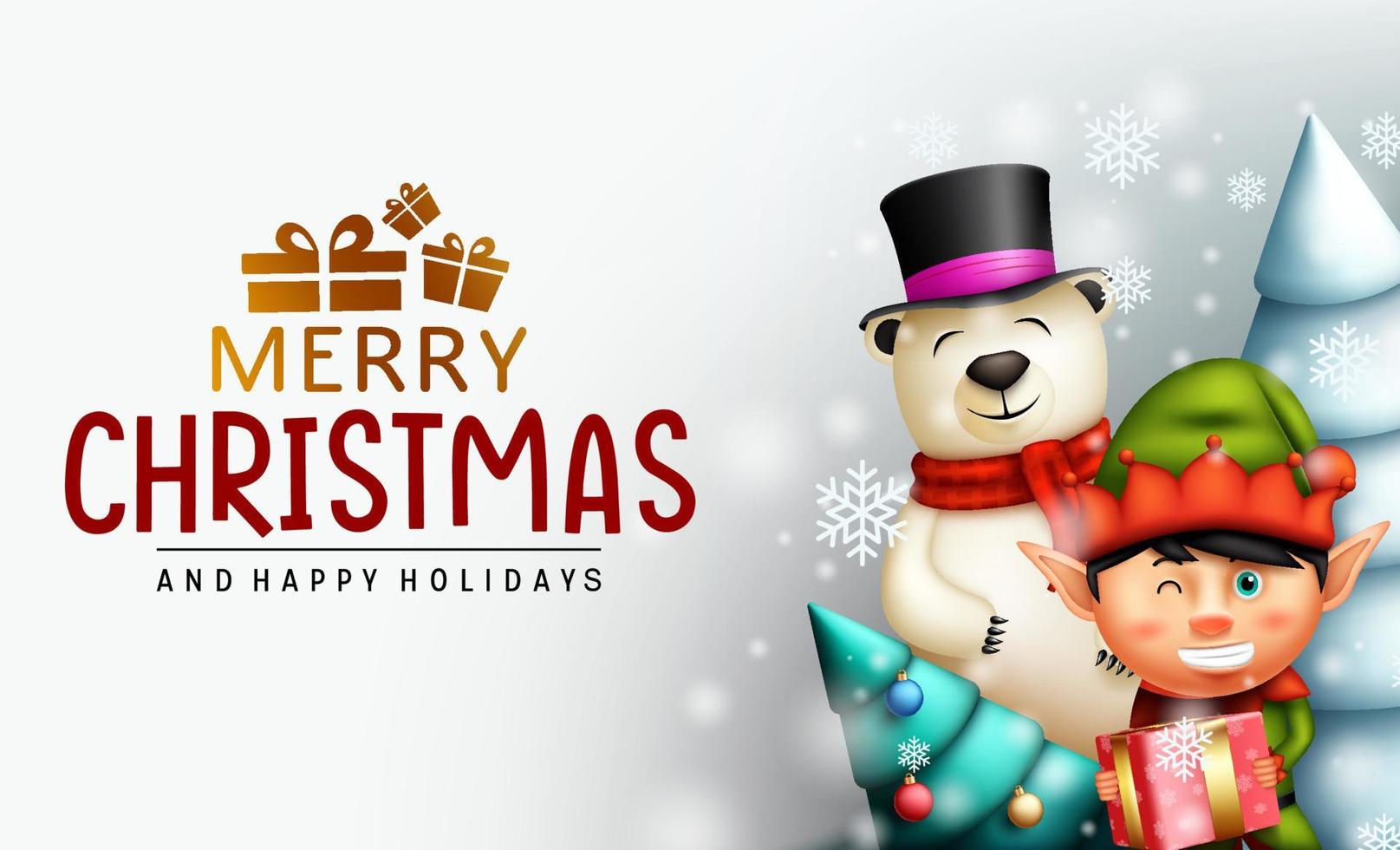 Merry christmas characters vector design. Merry christmas greeting text with cute polar bear and elf xmas character for holiday season celebration card. Vector illustration.