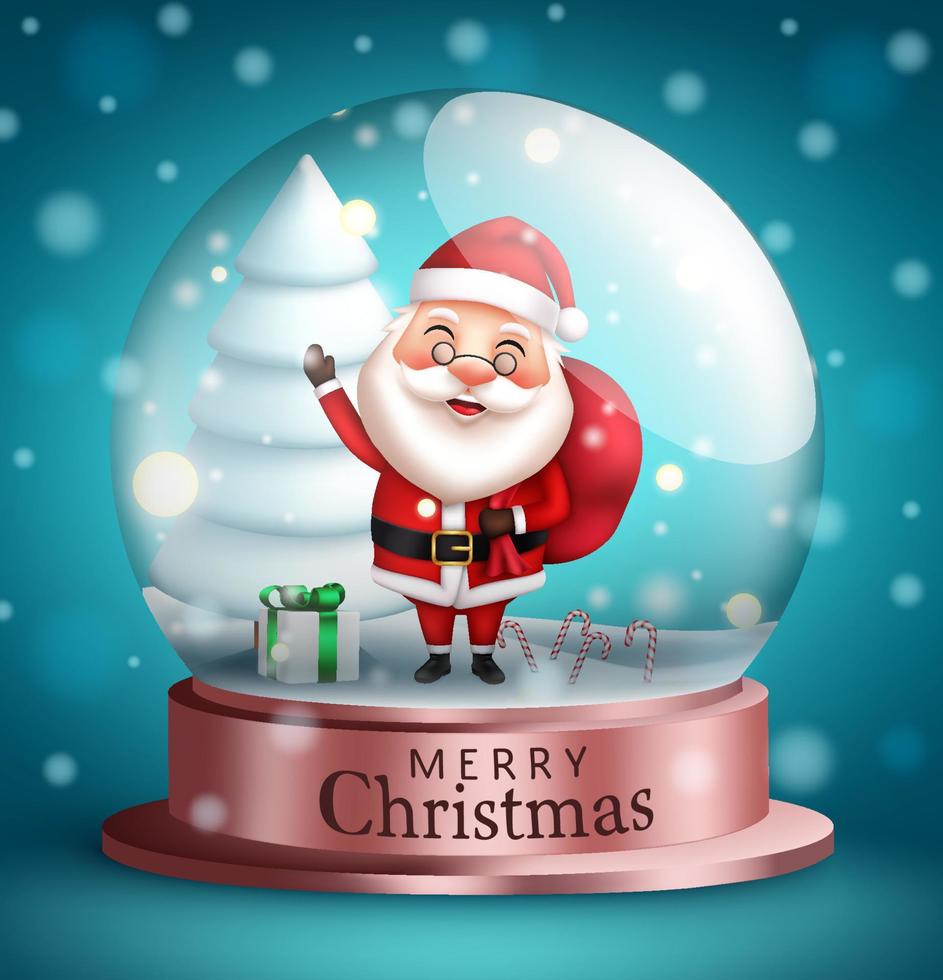 diseño de vector de bola de cristal de Navidad. Personaje de Papá Noel ondeando en adorno de bola de cristal de nieve con elemento de regalos de Navidad para decoración navideña feliz. ilustración vectorial