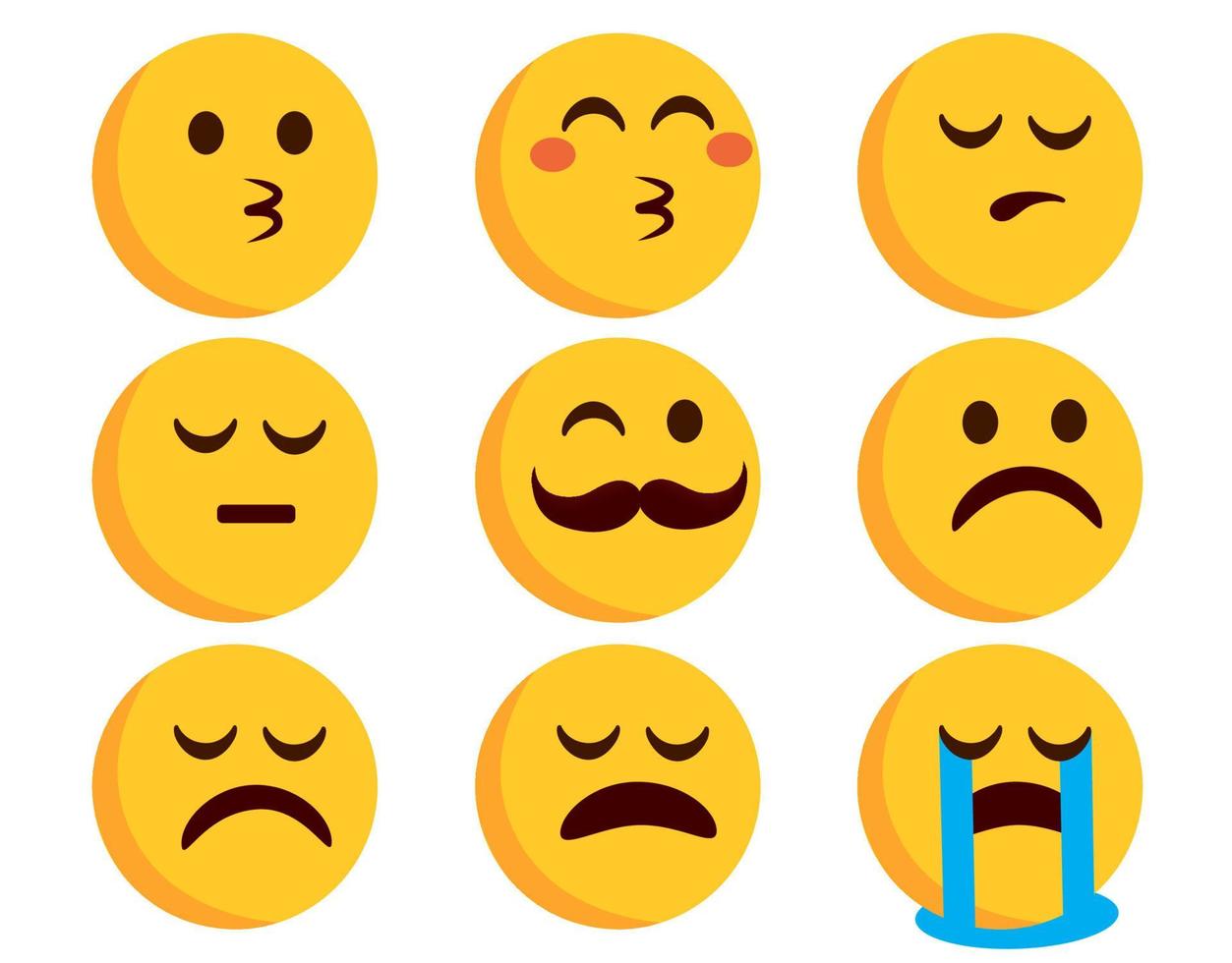 Emojis flat emoticon vector set. Emoticons characters in kissing, crying and sad mood expressions isolated in white background for emoji character design. Vector illustration.