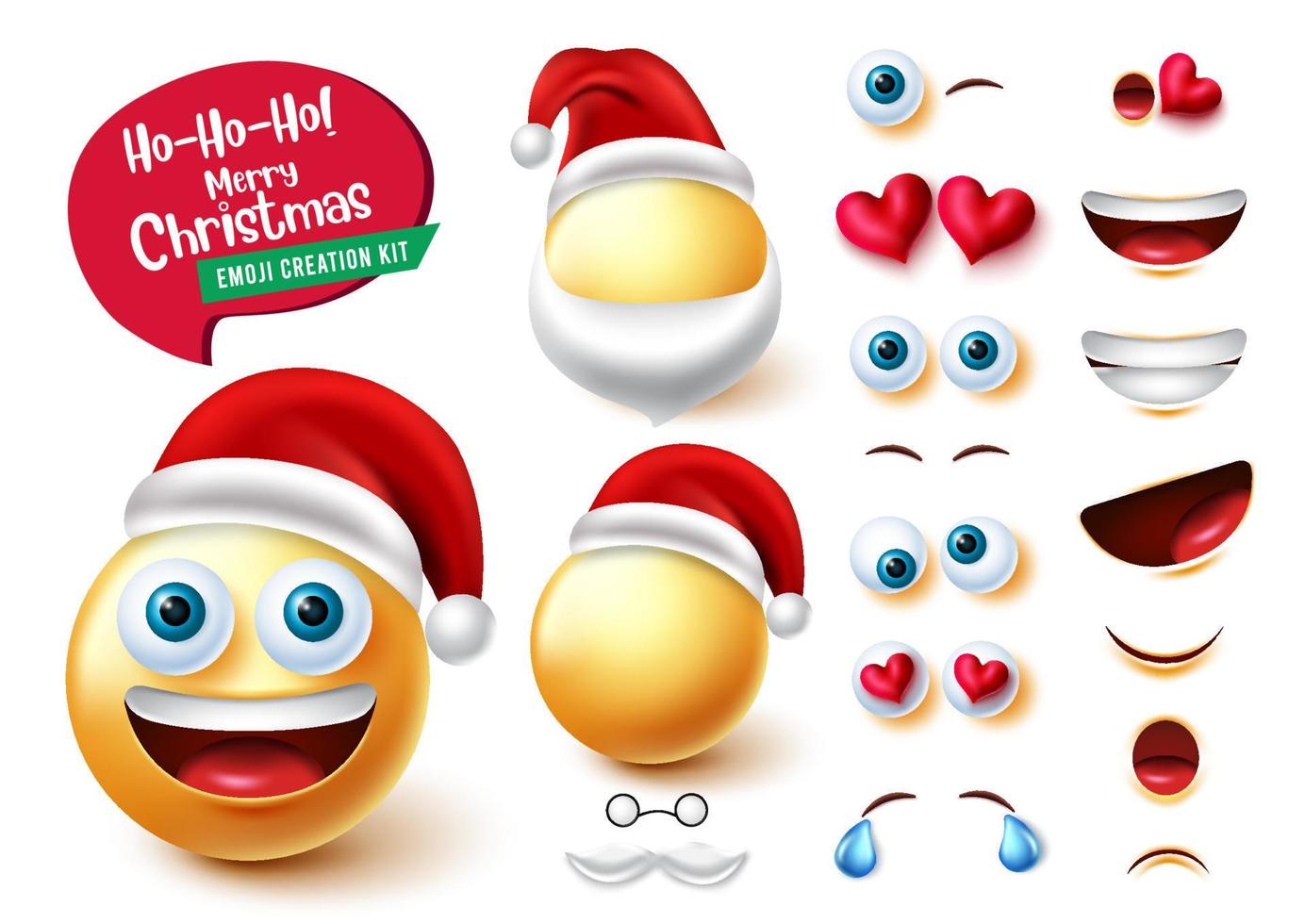 conjunto de vector de creador de emoji santa. emojis personaje de santa claus en kit 3d con expresión facial editable linda y divertida para el diseño de creación de personajes de navidad. ilustración vectorial.