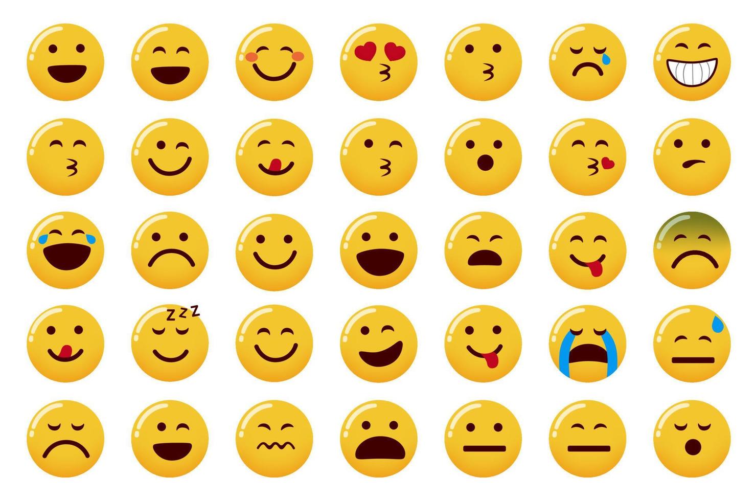 Emoticon emojis vector set. Emoji face icon with smiling, in love and laughing facial expressions isolated in white background for cute flat emoticons collection design. Vector illustration.