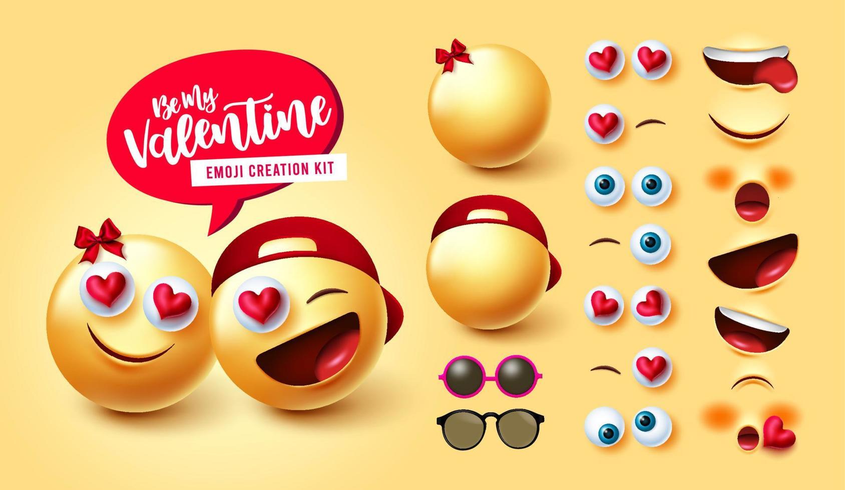 Emojis couple creator vector set. Emoji valentines character in 3d kit with cute lovers emoticon editable facial expression for valentine face creation design. Vector illustration.