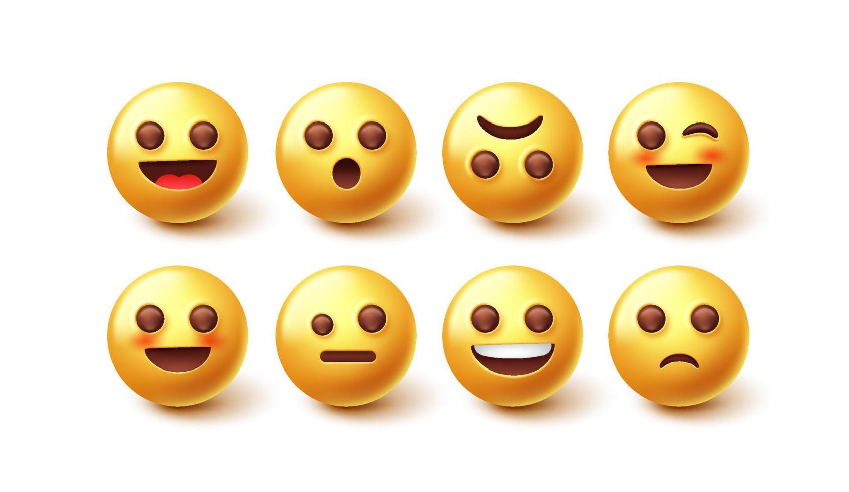 Emoji characters vector set. 3d yellow face graphic design with facial mood expression isolated in white background for emojis reaction collection. Vector illustration.