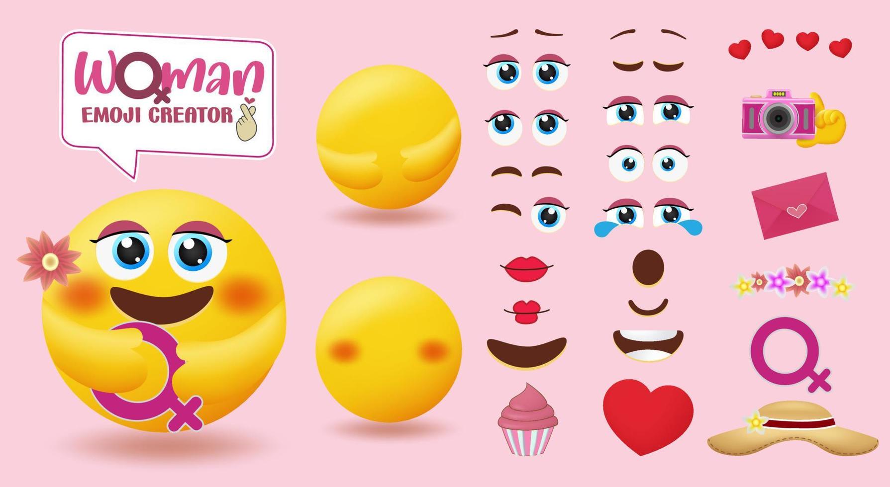 Emoji woman creator vector set. Emoticon women editable character kit with face parts of eyes, mouth and girly elements for female emojis face creation design. Vector illustration.