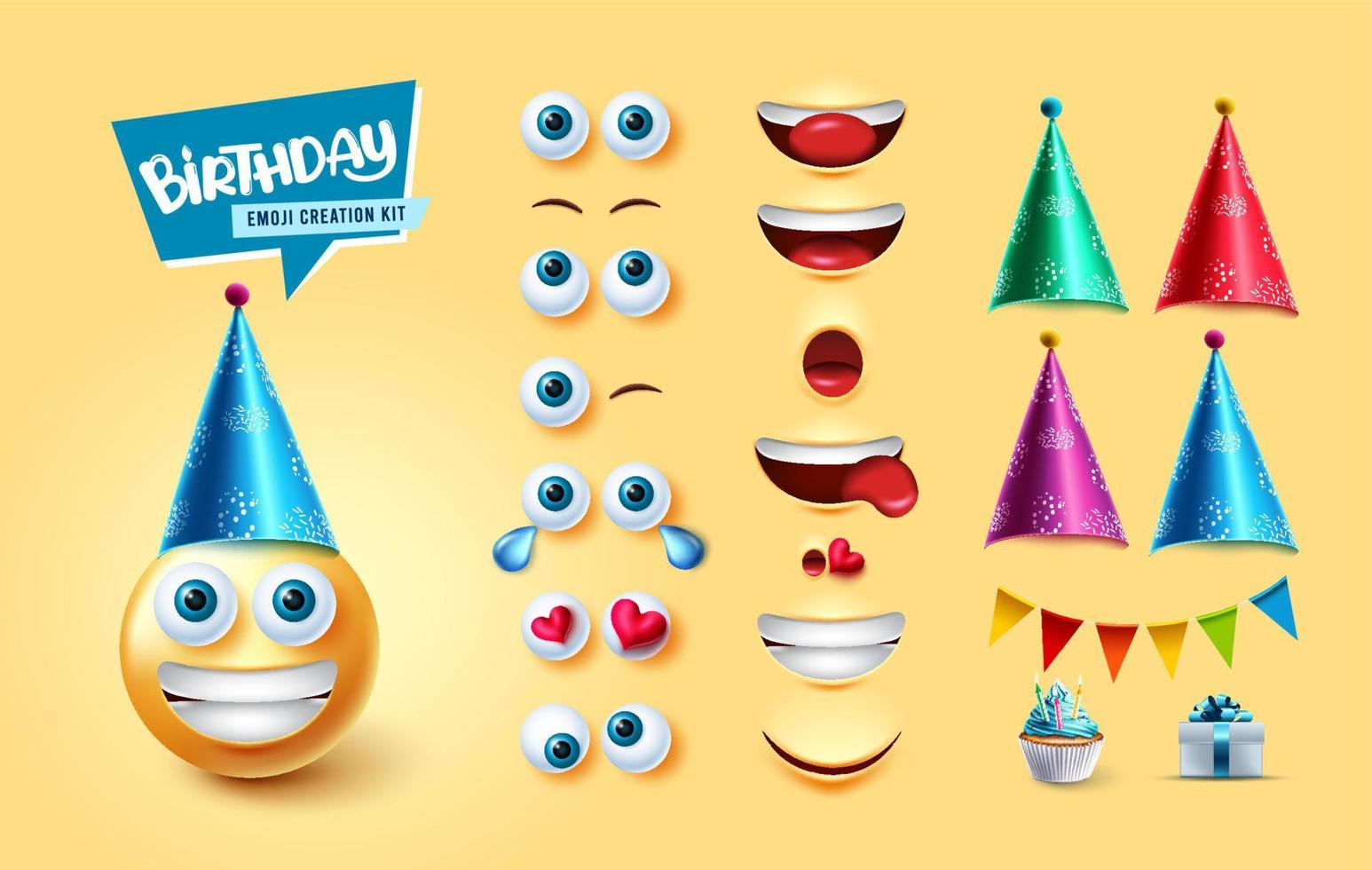 cumpleaños emojis kit creador conjunto de vectores. emoji 3d personaje del día del nacimiento con partes de la cara editables y elementos como sombreros de fiesta, banderines y regalos para el diseño de la colección de reacciones de caras lindas. vector