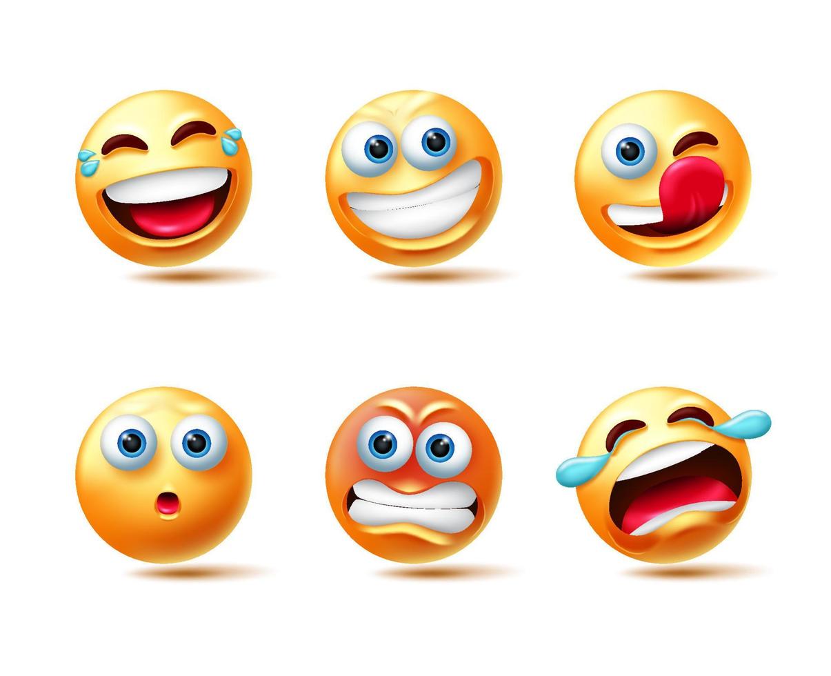 conjunto de vectores de caracteres emoticonos. Emojis personaje 3d en expresiones faciales como reír, enojar y llorar por el diseño de la colección de personajes de emoticonos. ilustración vectorial