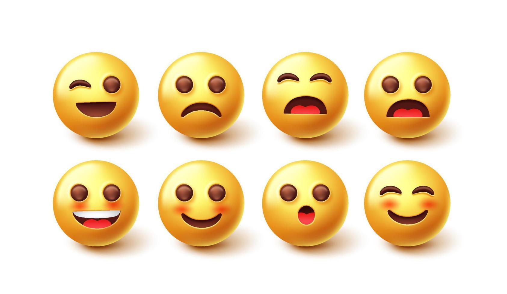 Emojis characters vector set. 3d emoticon design collection with facial emotion expression isolated in white background for graphic emojis elements. Vector illustration.