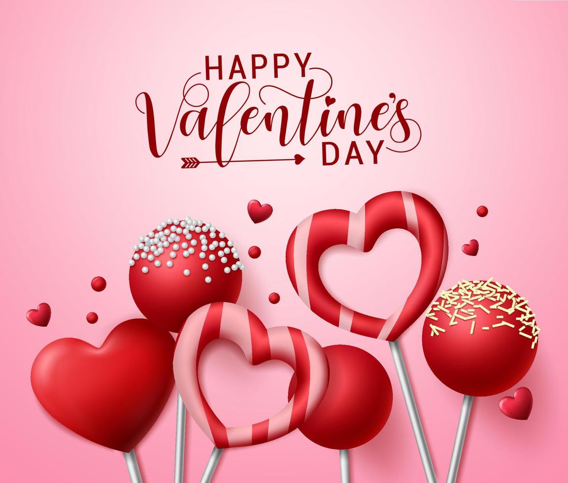 Fondo de vector de tarjeta de felicitación de feliz día de San Valentín. texto de saludo de San Valentín con elementos de caramelo de piruleta de San Valentín en forma de corazón y redonda en fondo rosa. ilustración vectorial.