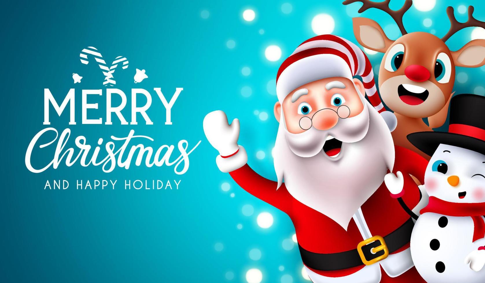 Merry christmas characters vector design. Merry christmas greeting text in blue space with waving santa claus, reindeer and snowman xmas character for holiday celebration. Vector illustration.