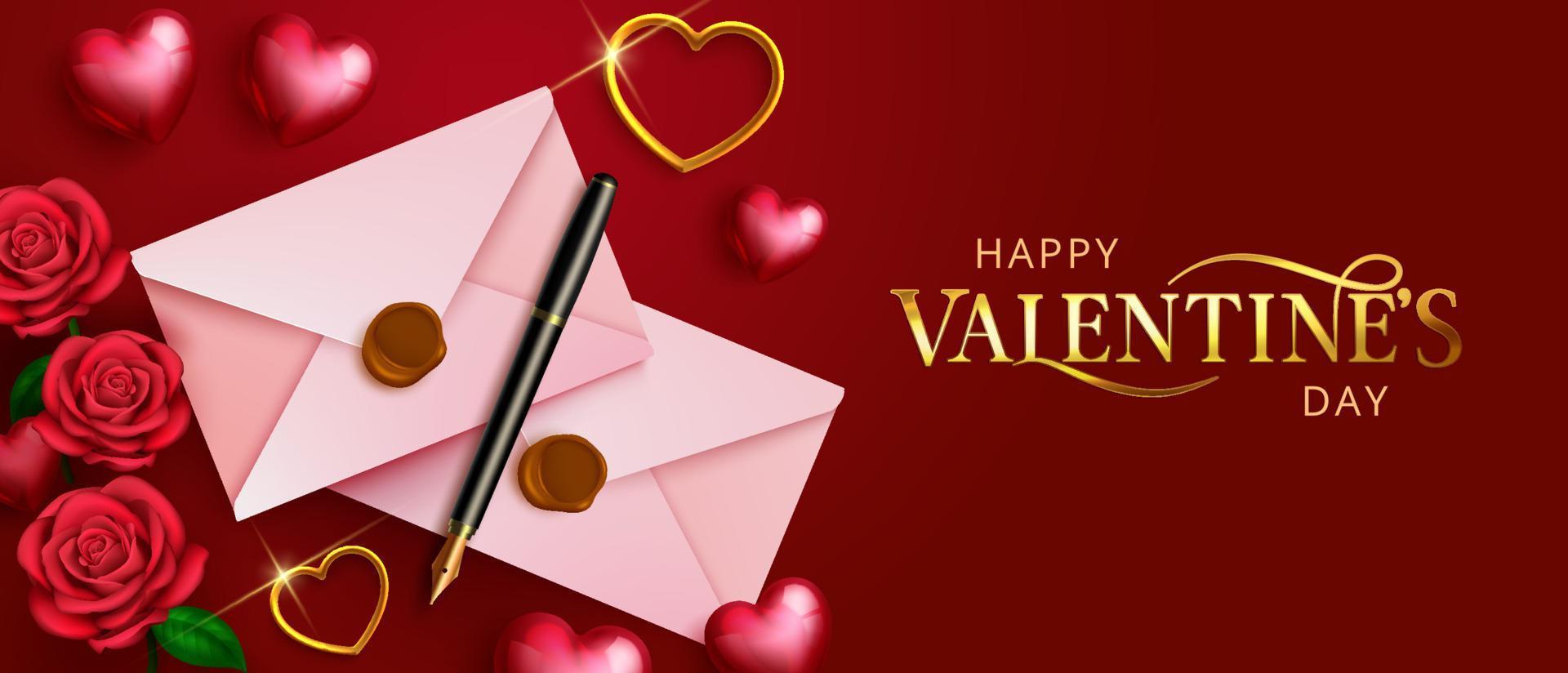 Happy valentines greeting vector design. Happy valentine's day text with elegant roses, pen and envelope elements for valentine invitation and love letter card decoration. Vector illustration.