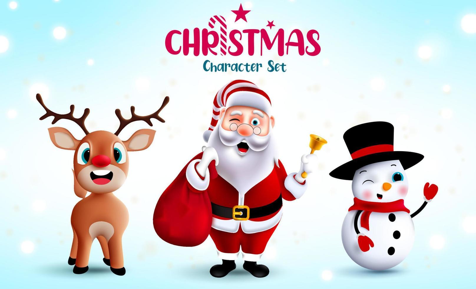 Christmas characters vector set. Santa claus, reindeer and snowman 3d christmas character with cute and friendly facial expressions for xmas season design collection. Vector illustration.