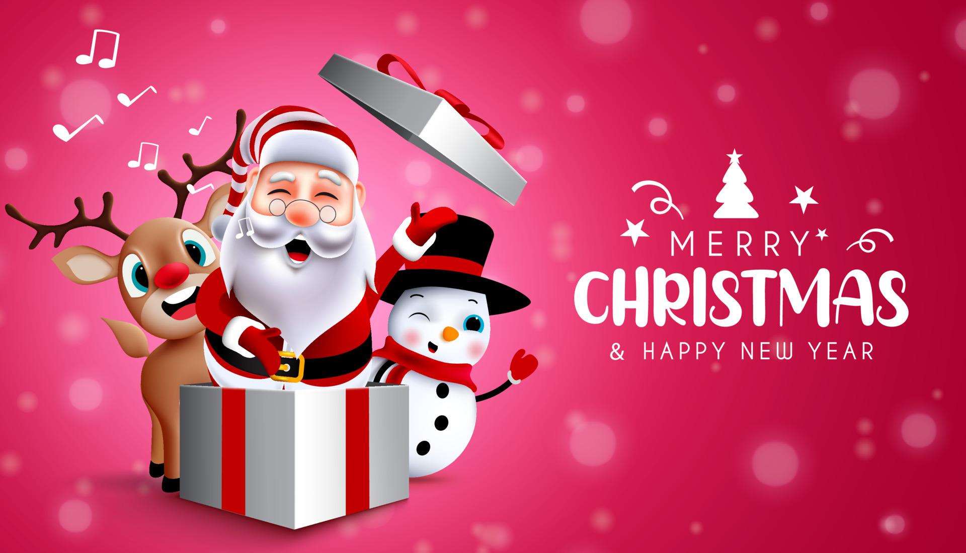 Christmas characters vector background design. Merry christmas and happy  new year text with santa claus, reindeer and snowman singing carol in gift  box for xmas greeting card. Vector illustration. 4852611 Vector Art
