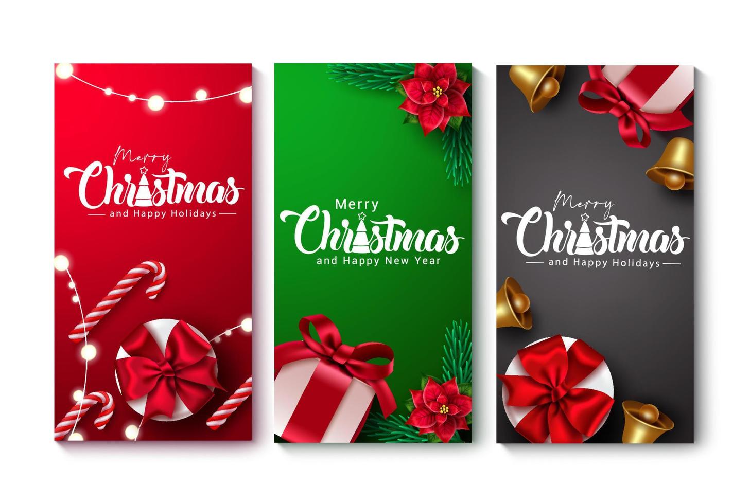 Feliz Navidad conjunto de carteles de vectores. Feliz Navidad texto con regalo, bastón de caramelo, flor de pascua y elemento de decoración de campana para el diseño de tarjetas de felicitación de Navidad. ilustración vectorial. vector