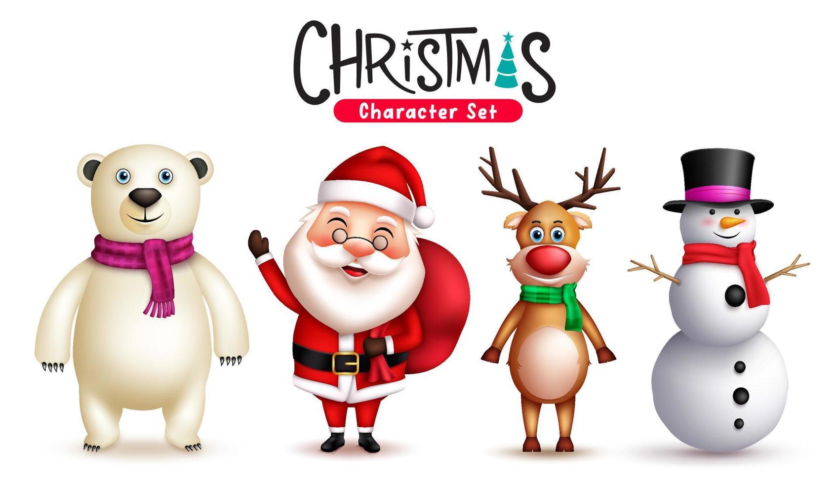 Christmas characters vector set. Santa claus 3d xmas character with snowman, reindeer and polar bear for christmas friendly facial expressions design collection. Vector illustration