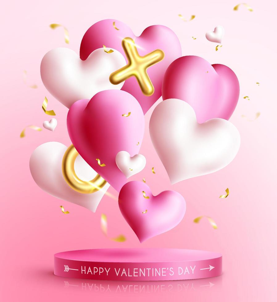 diseño de fondo de vector de saludo de San Valentín. Texto de tipografía de feliz día de San Valentín en espacio rosa con lindos elementos de forma de corazones para decoración y mensajes de amor de San Valentín. ilustración vectorial.