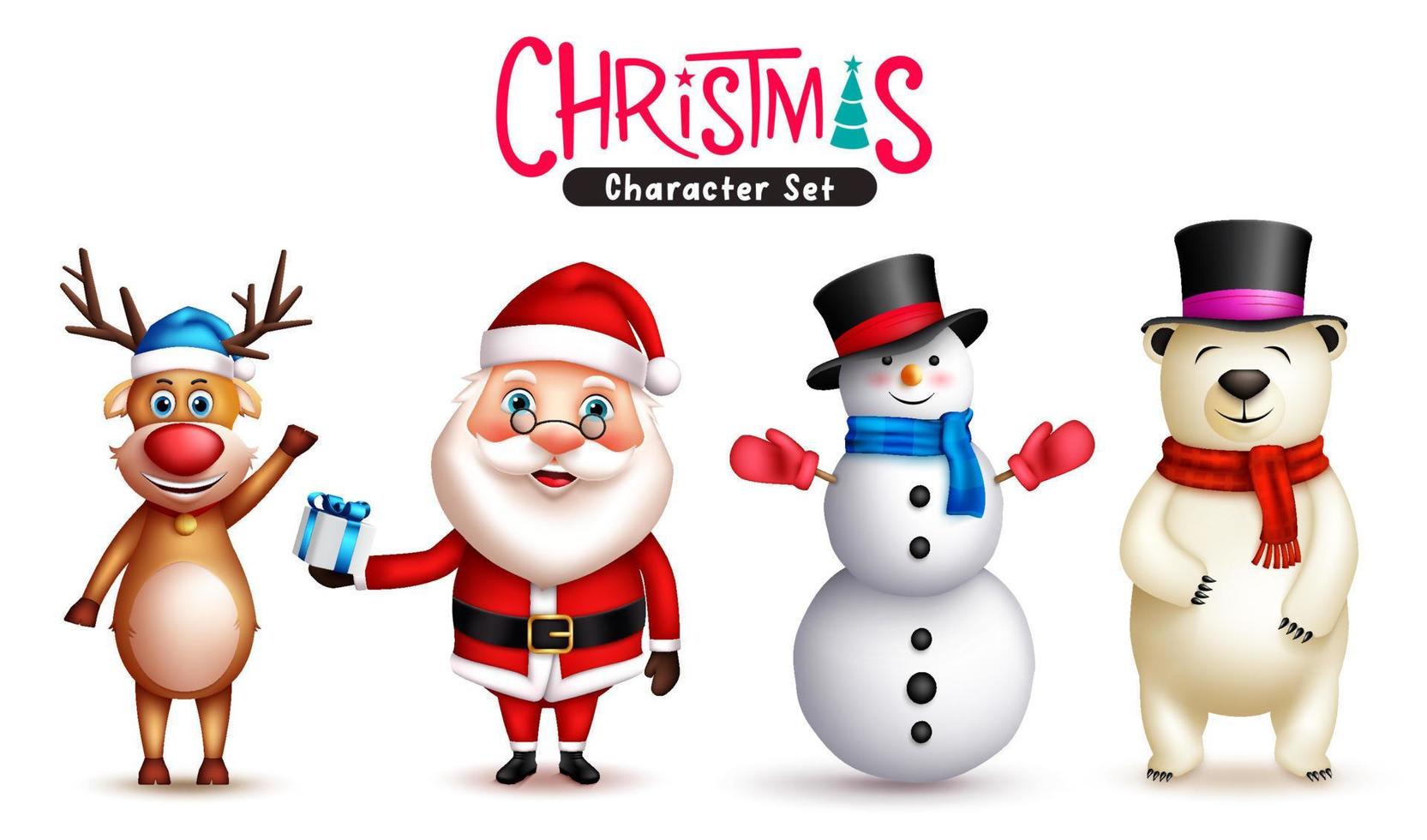 Christmas characters vector set. Santa claus, snowman, reindeer and polar bear christmas 3d character with cute and friendly expressions for xmas design collection. Vector illustration