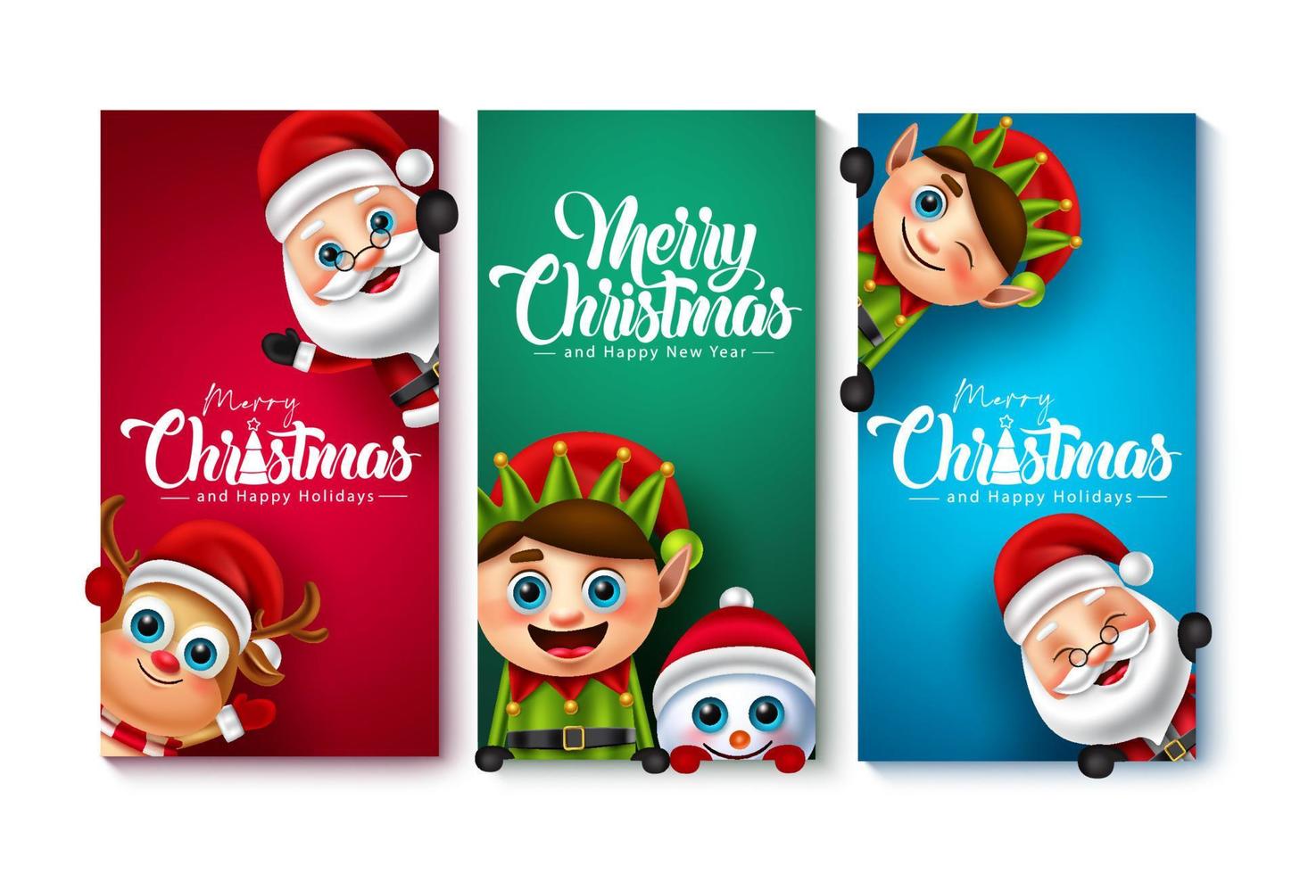 Christmas character vector poster set. Merry christmas text with santa claus, reindeer, elf and snow man characters for xmas card holiday design. Vector illustration.