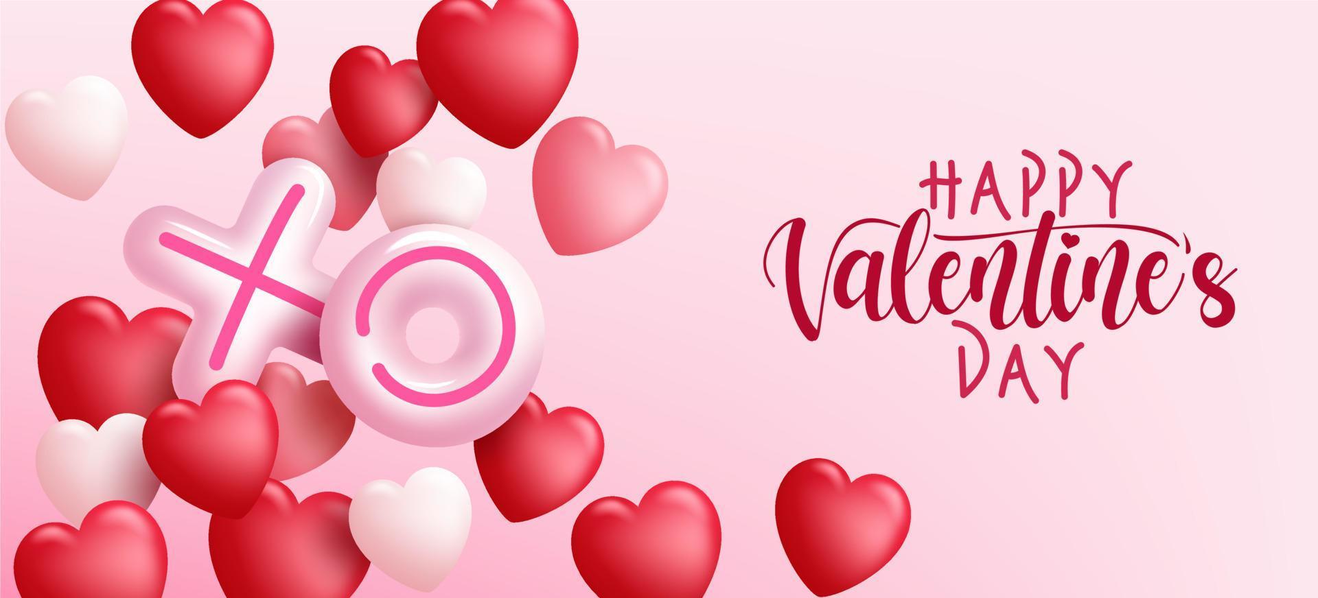 diseño de fondo de vector de San Valentín. Feliz día de San Valentín texto con globos y elementos de decoración de corazón flotante en fondo rosa para mensajes románticos de saludo. ilustración vectorial.