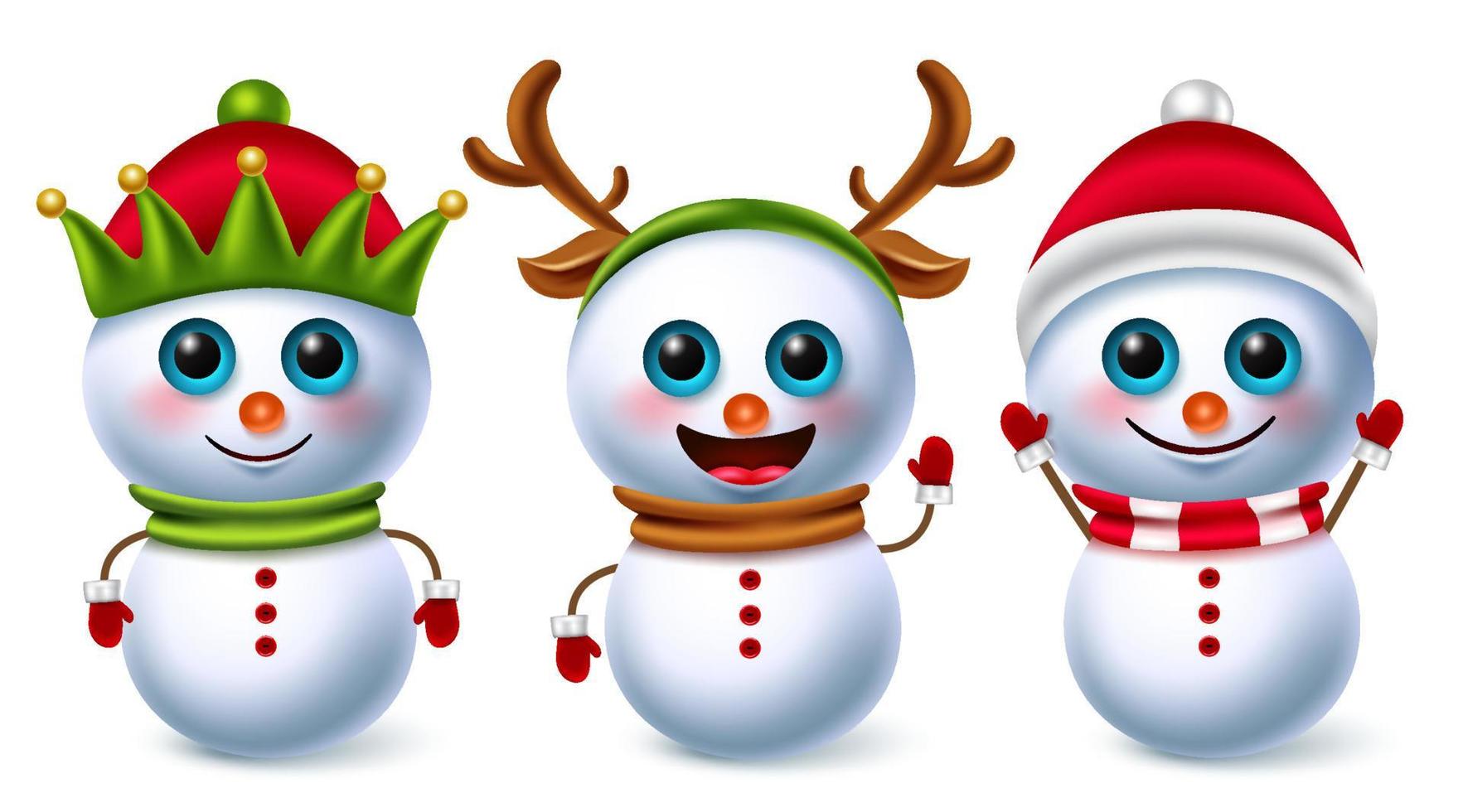 conjunto de vectores de caracteres navideños de muñeco de nieve. Personajes 3d de hombre de nieve en un lindo disfraz como santa, elfo y reno para el diseño de elementos de la colección de invierno de Navidad de la temporada navideña. ilustración vectorial.