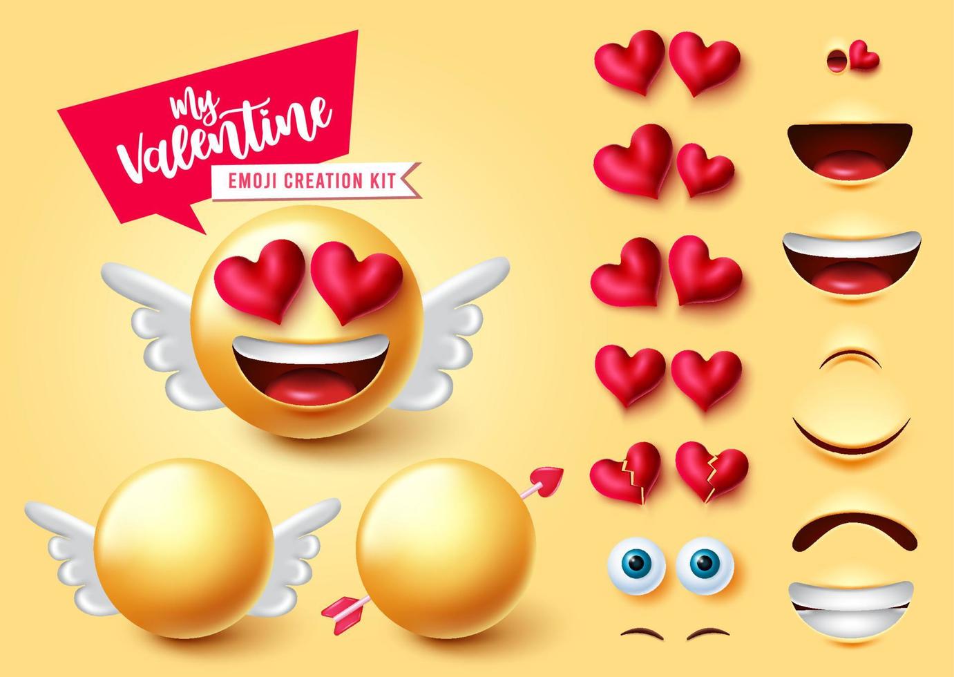 emoji valentine creator vector set. Kit de personajes de emojis de cupido 3d con alas y partes de la cara editables como corazones, ojos y boca para el diseño de expresiones faciales de emoticonos de San Valentín. ilustración vectorial.