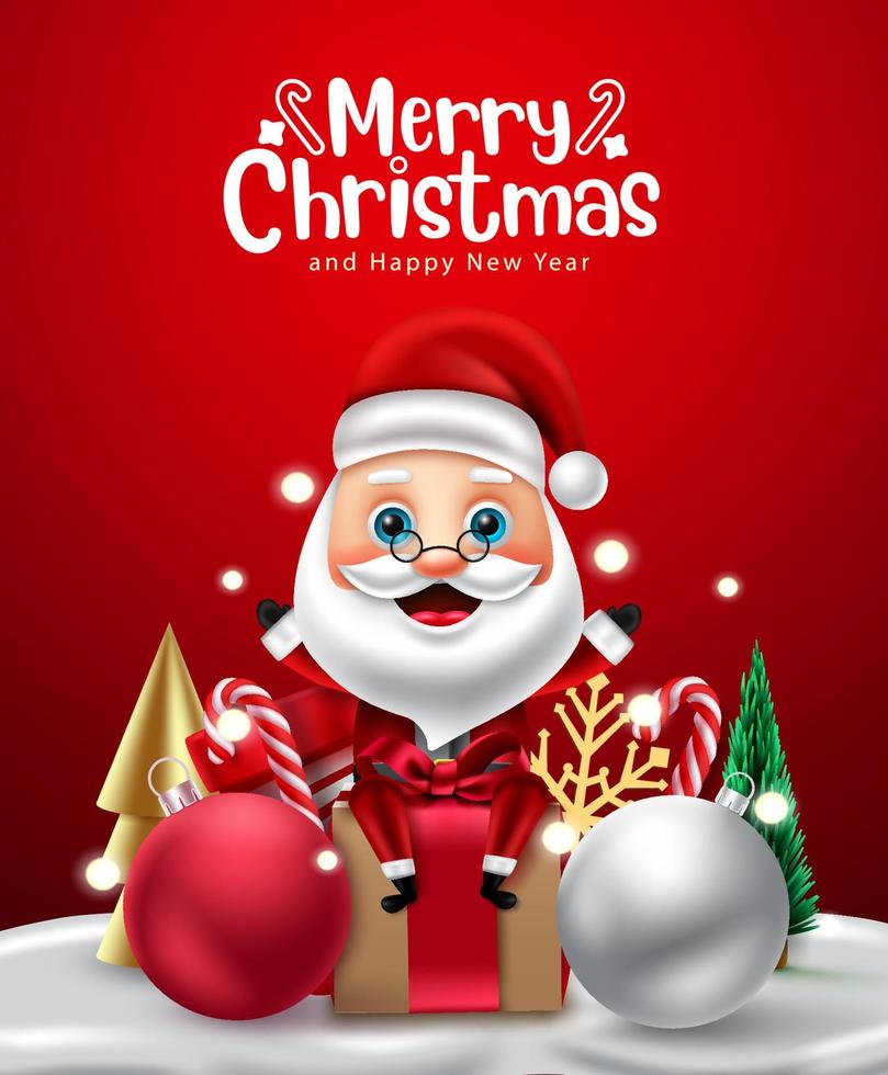 diseño de vector de personaje de santa claus de navidad. texto de saludo de feliz navidad con santa claus personaje 3d sentado en regalo con fondo de elemento de decoración de navidad. ilustración vectorial.