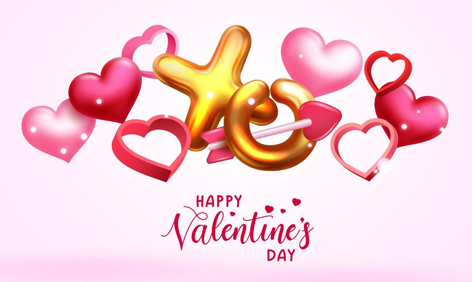 Valentines vector background design. Happy valentine's day text with floating gold balloons, hearts and arrow romantic elements for valentine celebration and greeting decor. Vector illustration.