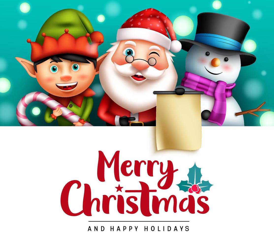 Merry christmas vector template design. Merry christmas text in white space with santa claus, elf and snowman friendly xmas characters for xmas greeting card. Vector illustration.