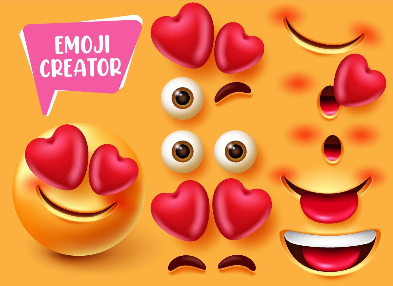 diseño de conjunto de vectores de creador de emoji. emoticon 3d enamorado y personaje feliz con elementos editables de ojos, corazón y boca para emoticonos de expresión facial linda. ilustración vectorial