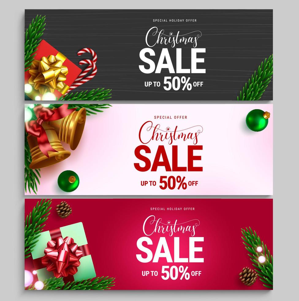 Conjunto de banner de vector de venta de Navidad. Texto de oferta especial de venta navideña con descuento de precio para promoción de compras de celebración navideña de temporada. ilustración vectorial.