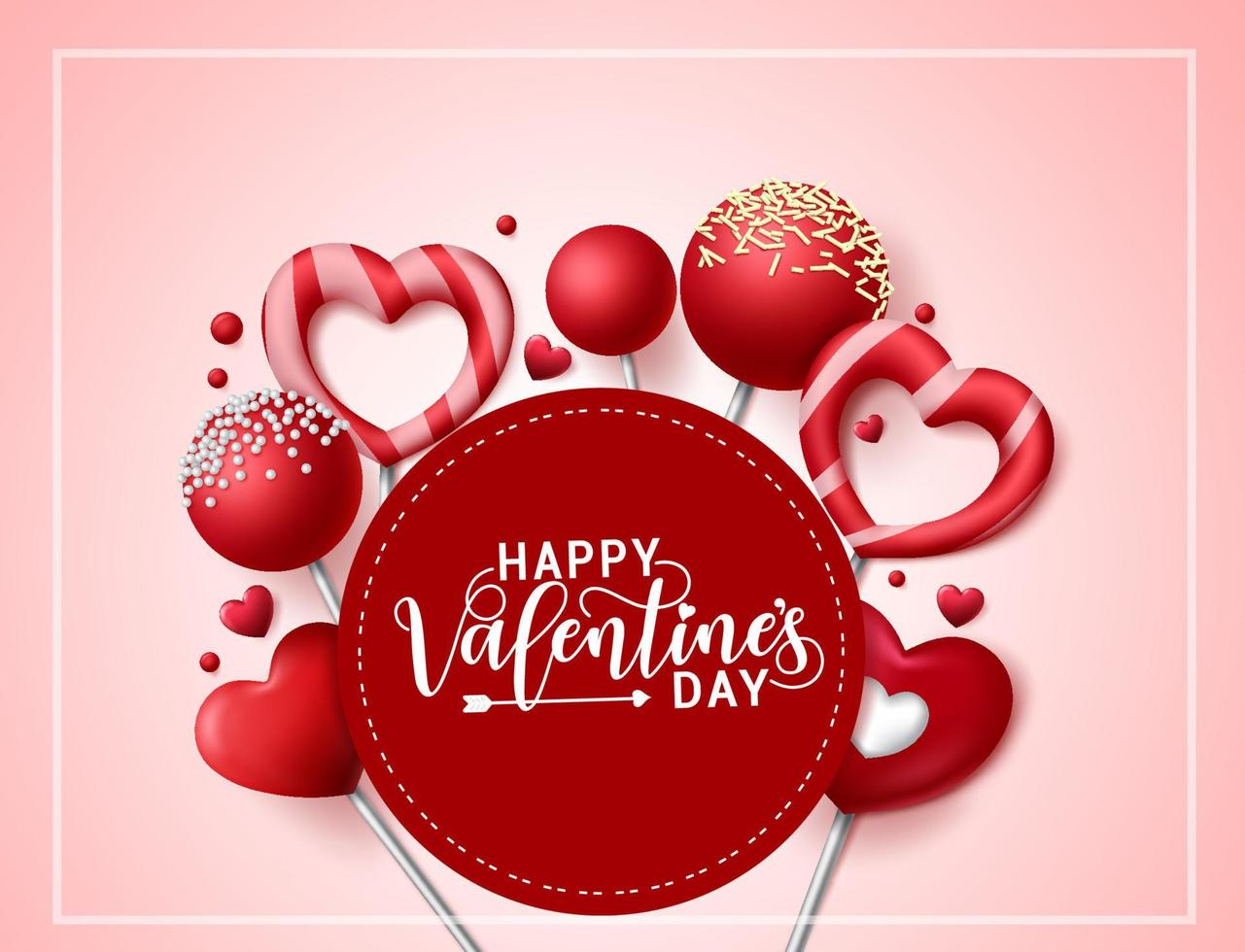 Valentines greeting card vector  template. Happy valentines day greeting text in circle frame with empty space for messages and valentine candy and lollipop elements in red background.
