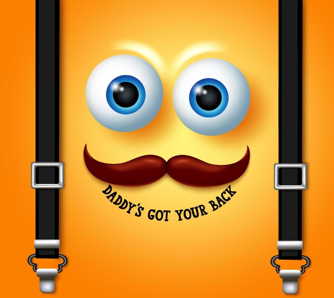 diseño de vector de emoji del día del padre. papi tiene tu texto en la espalda en una cara sonriente amarilla con elementos como bigote y liguero para celebrar el emoticon del día del padre. ilustración vectorial