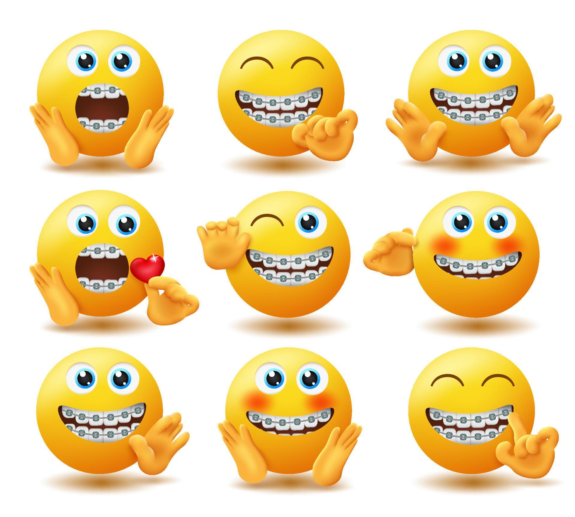 Emoji braces emoticon vector set. Emojis in dental brace characters