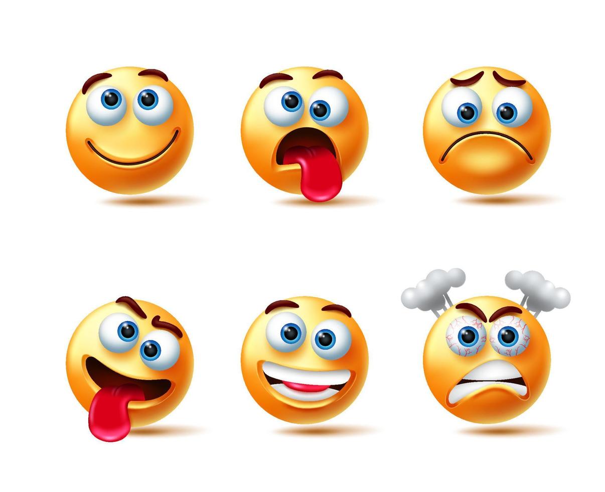 conjunto de caracteres vectoriales emoji. emoticon emojis 3d con expresiones como loco, feliz y enojado aislado en fondo blanco para el diseño de colección de personajes de emoticonos. ilustración vectorial vector