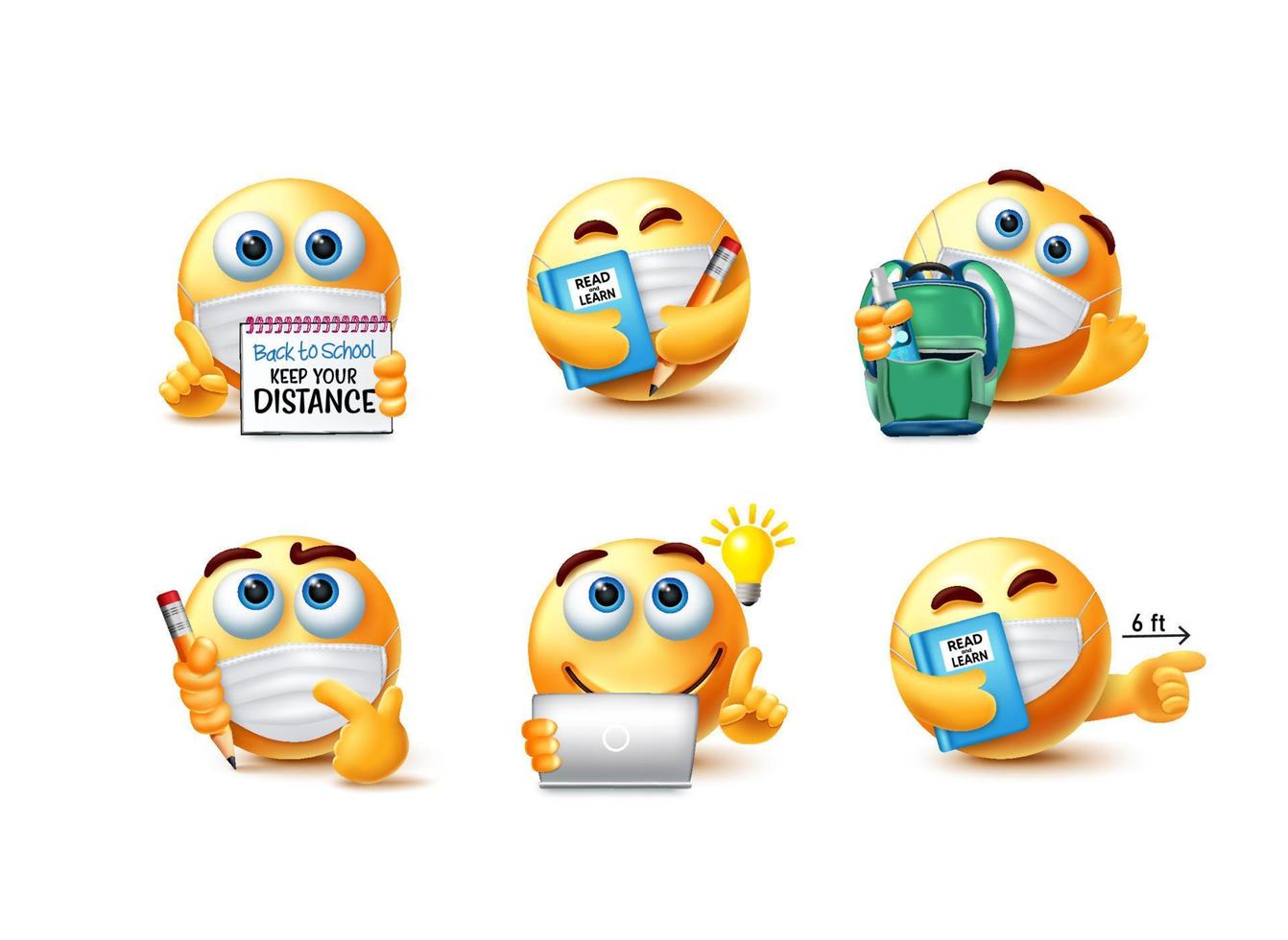 emoji de regreso a la escuela conjunto de vectores de pautas de seguridad. emojis 3d personaje de estudiante en covid-19 medida de seguridad para la educación escolar nuevo diseño de colección de emoticonos normales. ilustración vectorial